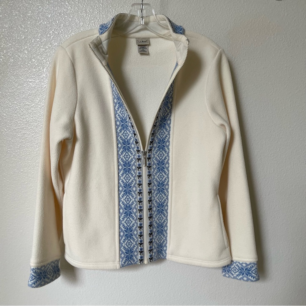 L.L. Bean Fleece Jacket With Pockets Cream & Blue Fair Isle Medium - Picture 4 of 8